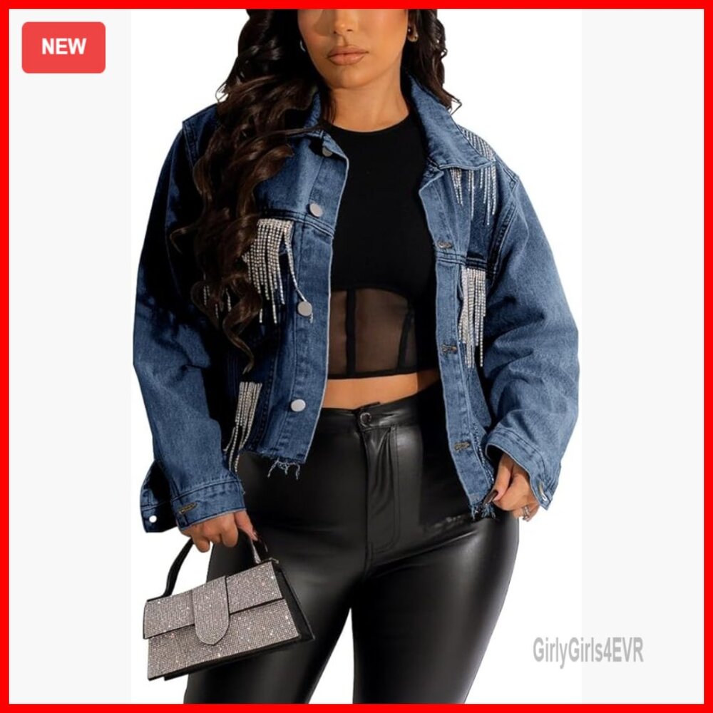 Cropped Denim Jacket With Rhinestone Fringe, Ripped Distressed Design, Frayed